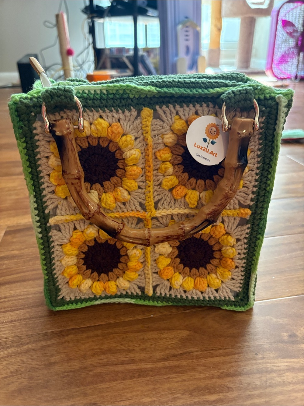 Handmade NWT Crochet Sunflower Box Bag with Bamboo Handles